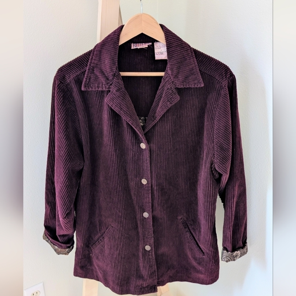 Vintage Corduroy Button Down Collared Paisley Lined Jacket In Burgundy - Picture 2 of 12